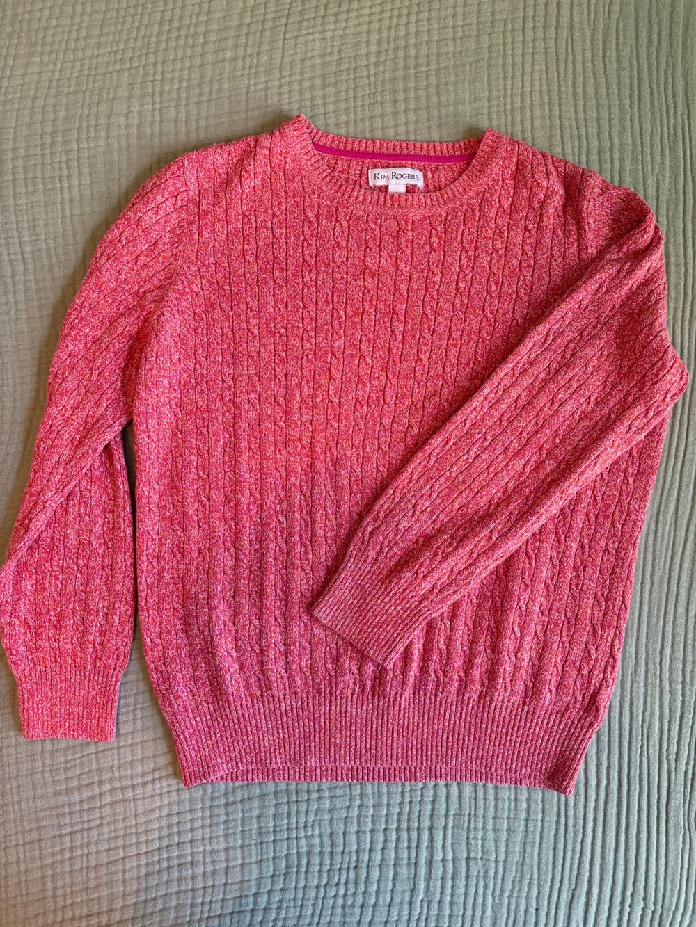 Kim Rogers Large Pink Cable Knit Sweater Crew Neck